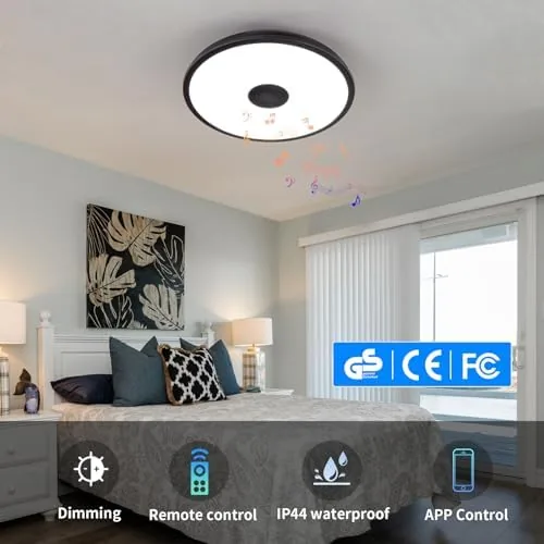 Detail shot of the Black Smart Waterproof LED Flush Mount Ceiling Light Fixture,18W,with Bluetooth features