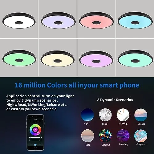 The Black Smart Waterproof LED Flush Mount Ceiling Light Fixture,18W,with Bluetooth in real use