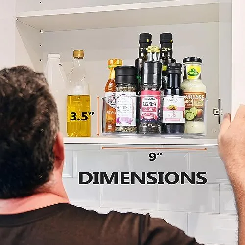 The larger turntable in a pantry holding canned goods and bottles