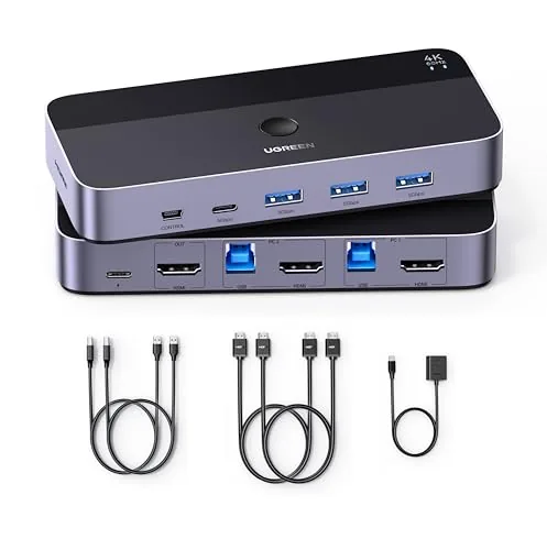 Overview of the UGREEN HDMI KVM Switch 1 Monitor 2 Computers, Aluminum, 4K@60Hz