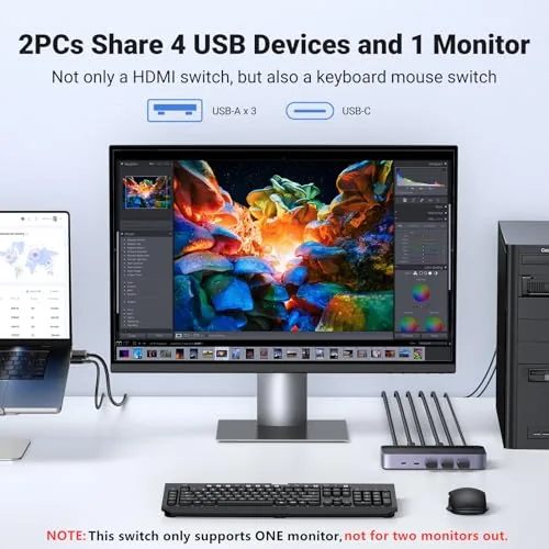 Detail shot of the UGREEN HDMI KVM Switch 1 Monitor 2 Computers, Aluminum, 4K@60Hz features