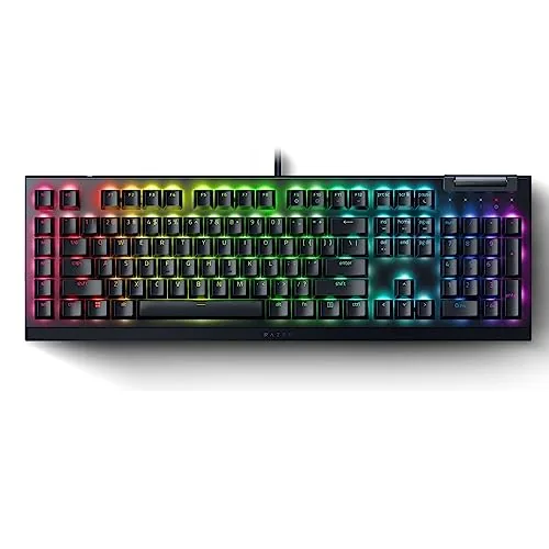The Razer BlackWidow V4 X on a desk with Chroma RGB lighting lit across the keycaps