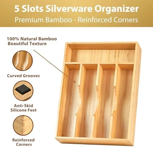 Close up of the divided bamboo tray with forks, spoons, and knives in their slots
