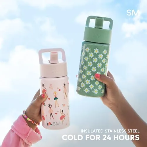 The Simple Modern bottle next to a plastic sports bottle and a toddler sippy cup