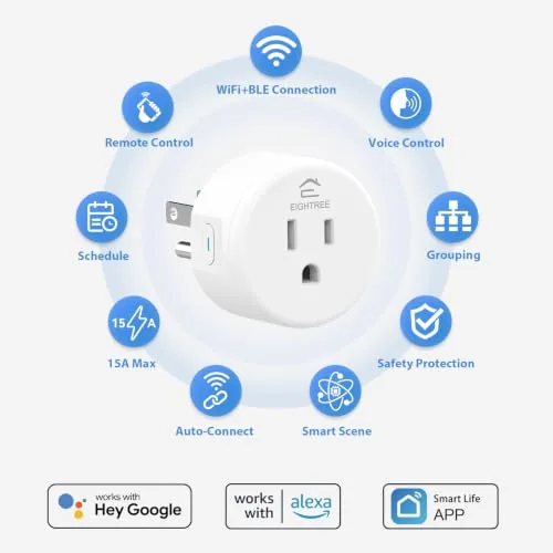 Close up of the EIGHTREE plug showing the manual button, LED, and 15 amp rating