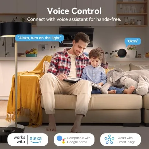 One EIGHTREE plug connected to a lamp cord and toggled on through a voice assistant