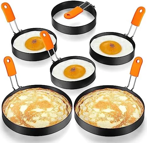 The Patelai egg ring six-pack with three 4-inch and three 6-inch rings and orange silicone handles