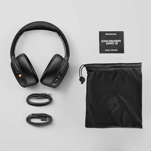Skullcandy Cruzzler ANC 2 unboxing showing the headphones, cable, and carry case