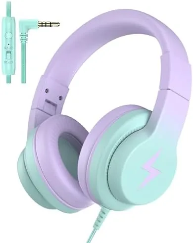 Candy Bila purple over ear headphones folded on a desk