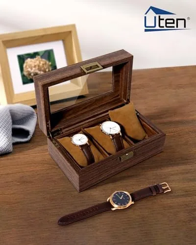 Close look at the Uten Watch Box 3 Slots, PU Leather, Glass Lid, Gifts build quality