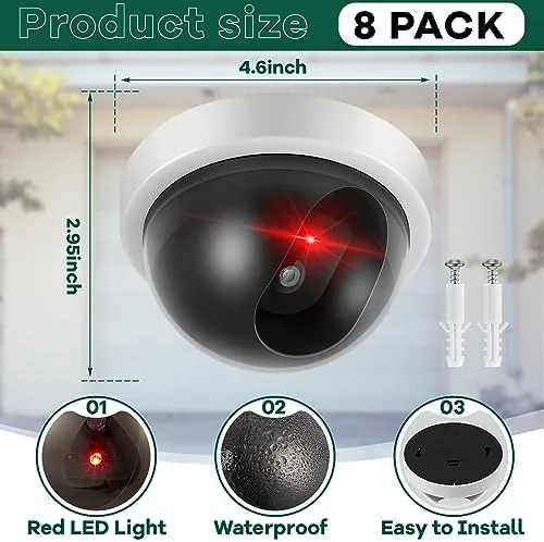 Close look at the 8 Pack Fake Security Cameras, Dummy CCTV Dome with Flashing build quality