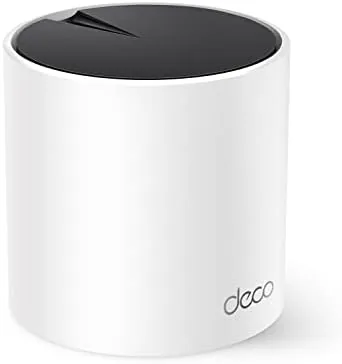 TP-Link Deco AX3000 white tower on an entertainment center