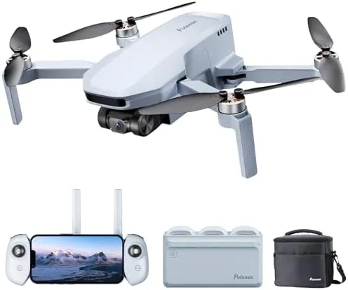 The Potensic ATOM SE drone with its controller and three batteries laid out