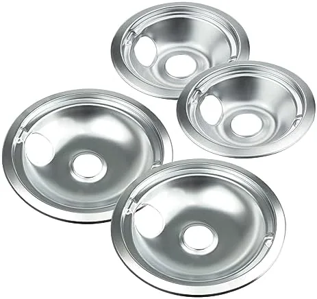 Chrome stove drip pans in a four pack with two six inch and two eight inch bowls