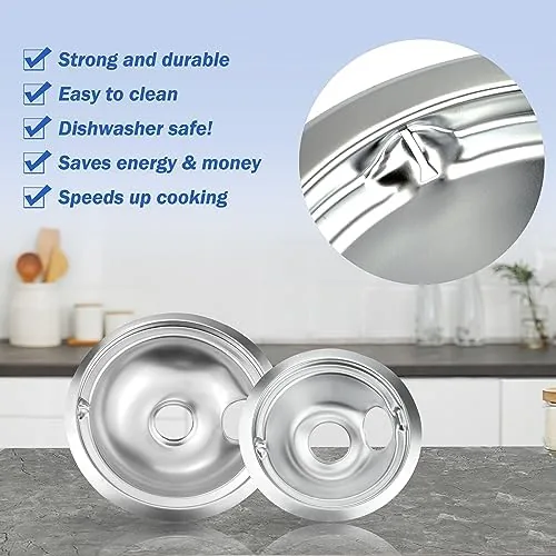 Four chrome drip pans arranged on a kitchen counter before installation
