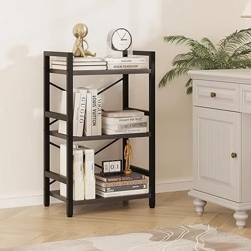 The Homeiju Bookshelf, 3 Tier Industrial Bookcase, Metal Small Bookcase, Rustic in real use