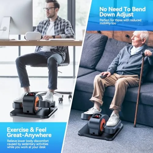 Person using the GUGTTR pedal exerciser while seated and watching a screen