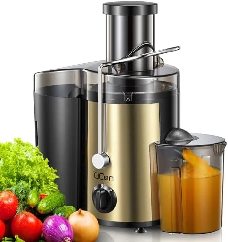 The QCen gold finish centrifugal juicer on a compact kitchen counter