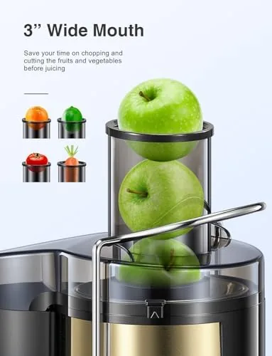 Close up of the metallic gold housing and stainless steel details on the QCen juicer