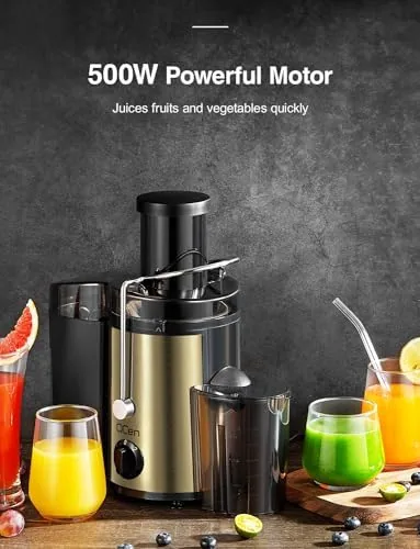 The gold QCen juicer beside a compact 350W model and a full size juicer