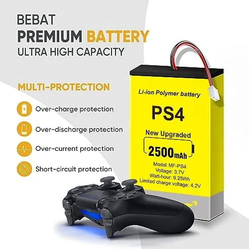 The two replacement batteries and toolkit beside a closed DualShock 4 pad
