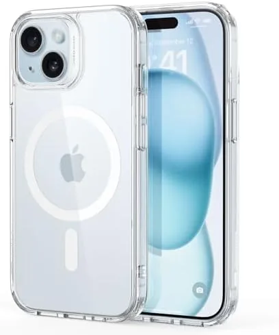 The ESR clear MagSafe case fitted on an iPhone 15 showing the transparent back