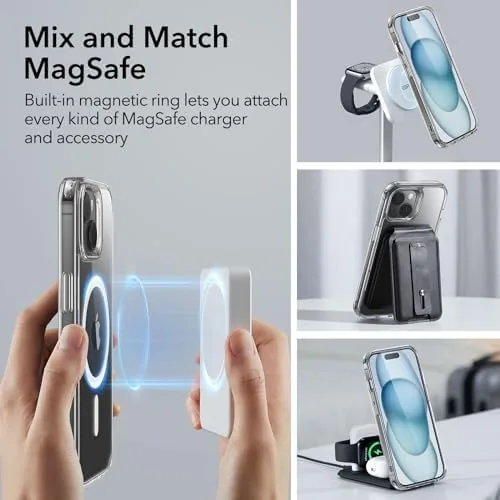 The MagSafe magnet ring visible through the clear back of the ESR case