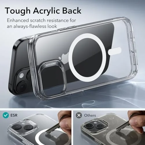 The ESR case on an iPhone 15 attached to a MagSafe car mount