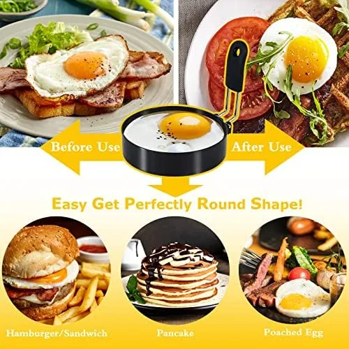 A perfectly round fried egg released from the egg ring onto a plate