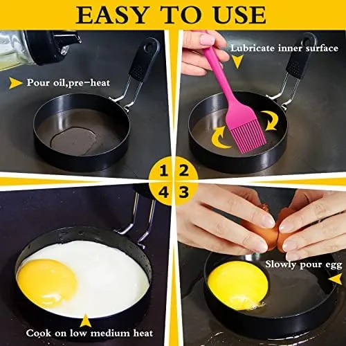 The stainless egg rings beside a stamped metal set and a nonstick coated set