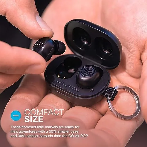 Close up of a single JLab JBuds Mini earbud showing the small rounded body