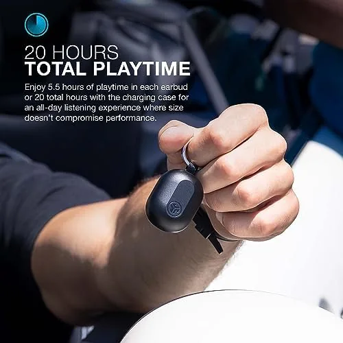 JLab JBuds Mini earbuds worn in an ear during a phone call