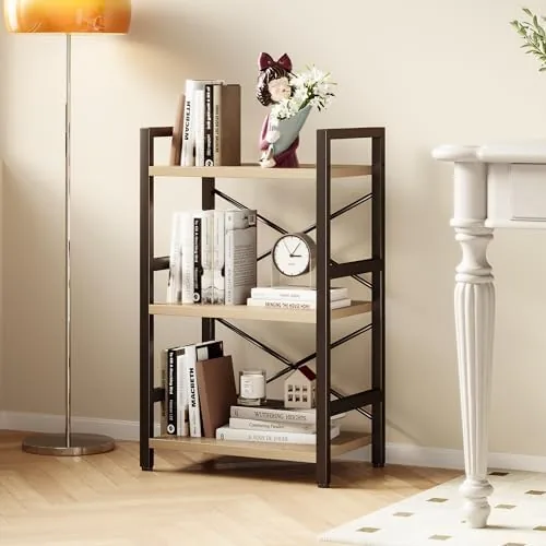 The Homeiju Bookshelf, 3 Tier Industrial Bookcase, Metal Small Bookcase, Rustic in real use