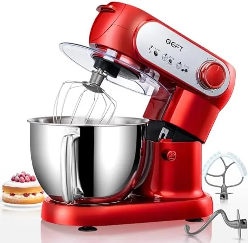 The red 6QT stand mixer with the stainless steel bowl attached and the head in place