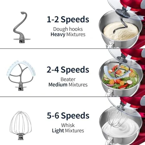 The flat beater, dough hook, wire whisk, and splash guard arranged beside the mixer