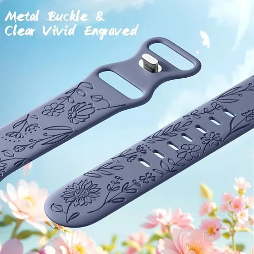 Detail shot of the SNBLK 6 Pack Floral Engraved Bands Compatible with Apple Watch features