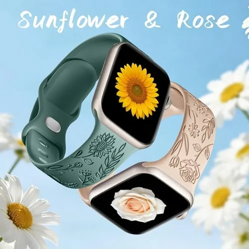 The SNBLK 6 Pack Floral Engraved Bands Compatible with Apple Watch in real use