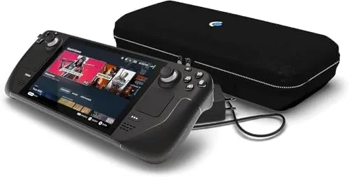 Valve Steam Deck handheld gaming console with screen showing a game