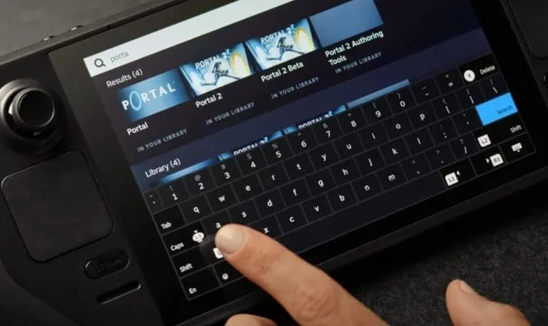 Steam Deck playing an action game in a hands held position