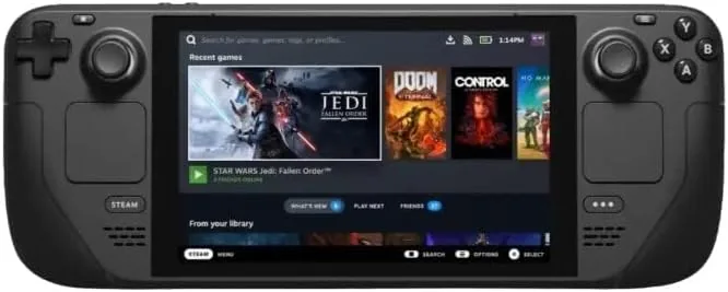 Steam Deck playing an indie game while resting on a lap