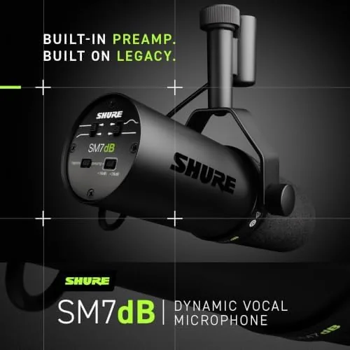Another view of the Shure SM7dB Dynamic Vocal Mic with Preamp for Streaming
