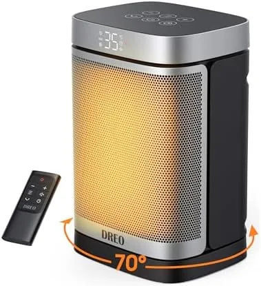 DREO 1500W PTC ceramic space heater standing in a corner of a bedroom