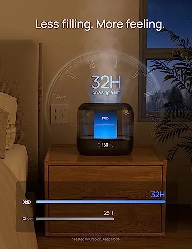 The DREO humidifier running in a nursery with the nightlight glowing softly