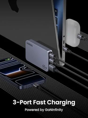 Detail shot of the UGREEN Nexode Pro 65W GaN USB C Slim Wall Charger features