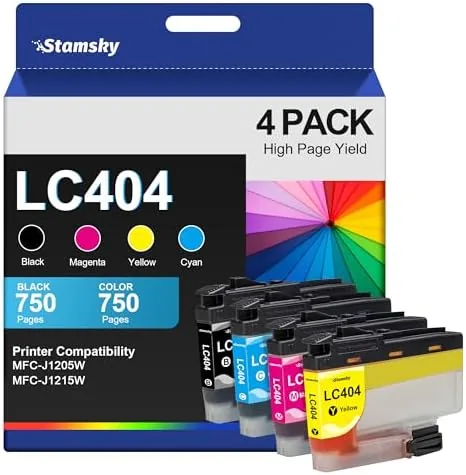 Four LC404 ink cartridges in black, cyan, magenta, and yellow on a desk