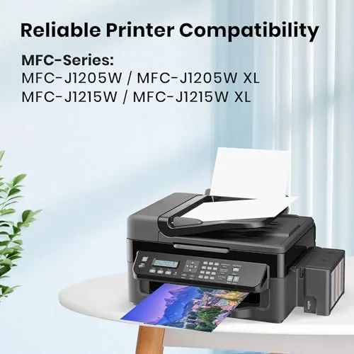Freshly printed documents and color test pages coming out of the Brother printer