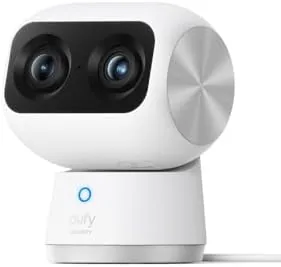 eufy Security 4K Indoor Cam S350 sitting on a shelf in a living room
