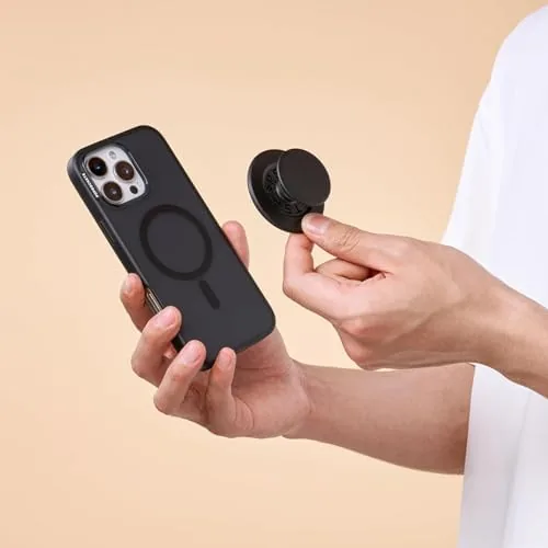 A hand holding an iPhone with the PopGrip popped open for a secure grip