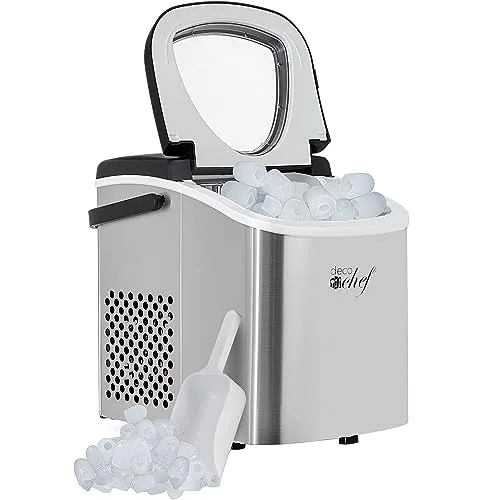The Deco Compact Countertop Ice Maker in stainless steel on a kitchen counter