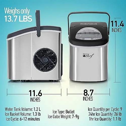 The portable ice maker sitting on an outdoor table with drinks around it